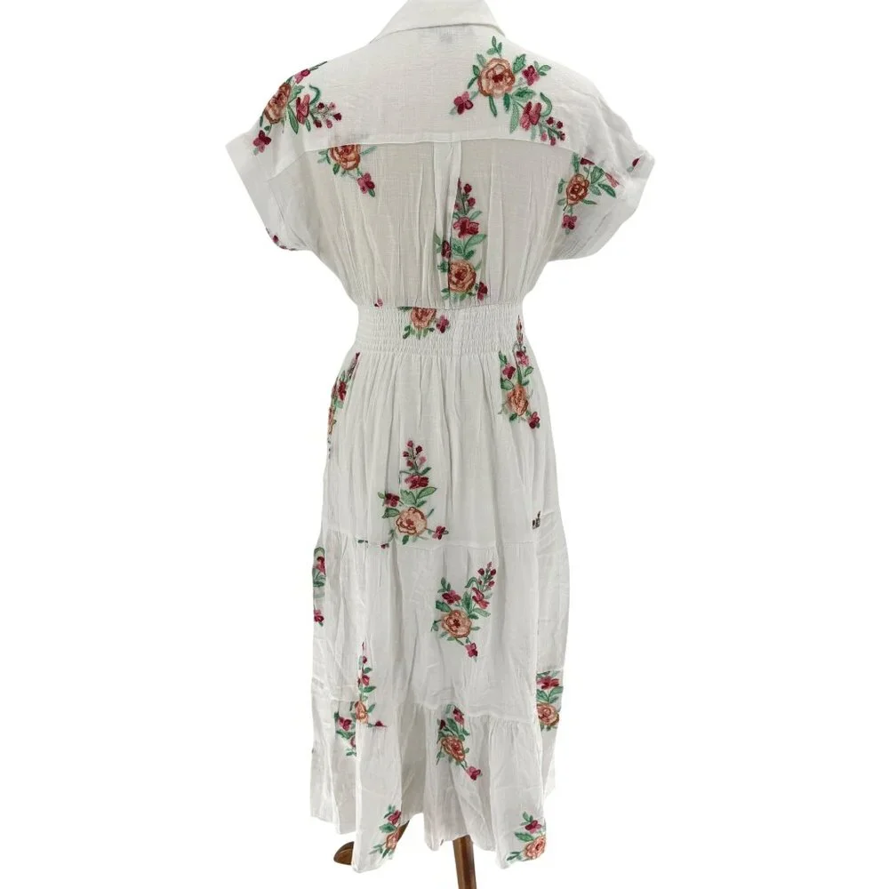 Floral Embroidered White Button-Front Midi Dress With Elastic Waist By J. Gee Si - Picture 2 of 5